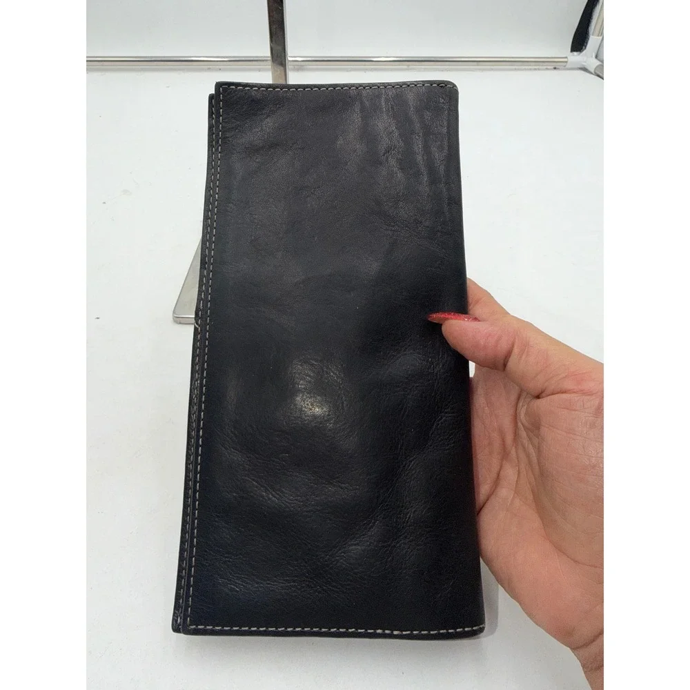 Nautica Mens Black Leather Trifold Checkbook Wallet with Contrast Stitching